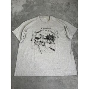 Vintage 80s Lumberjack Party Short Sleeve T Shirt Men's Size XL Gray